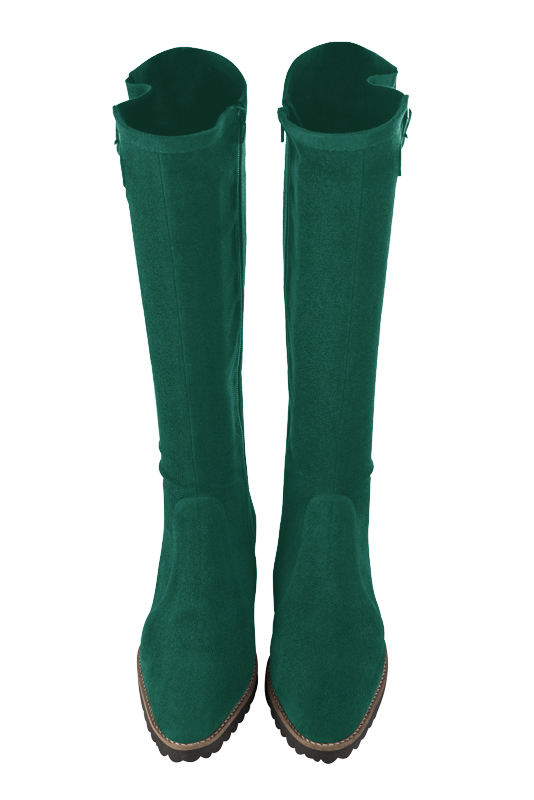 Emerald green women's knee-high boots with buckles. Round toe. Flat rubber soles. Made to measure. Top view - Florence KOOIJMAN